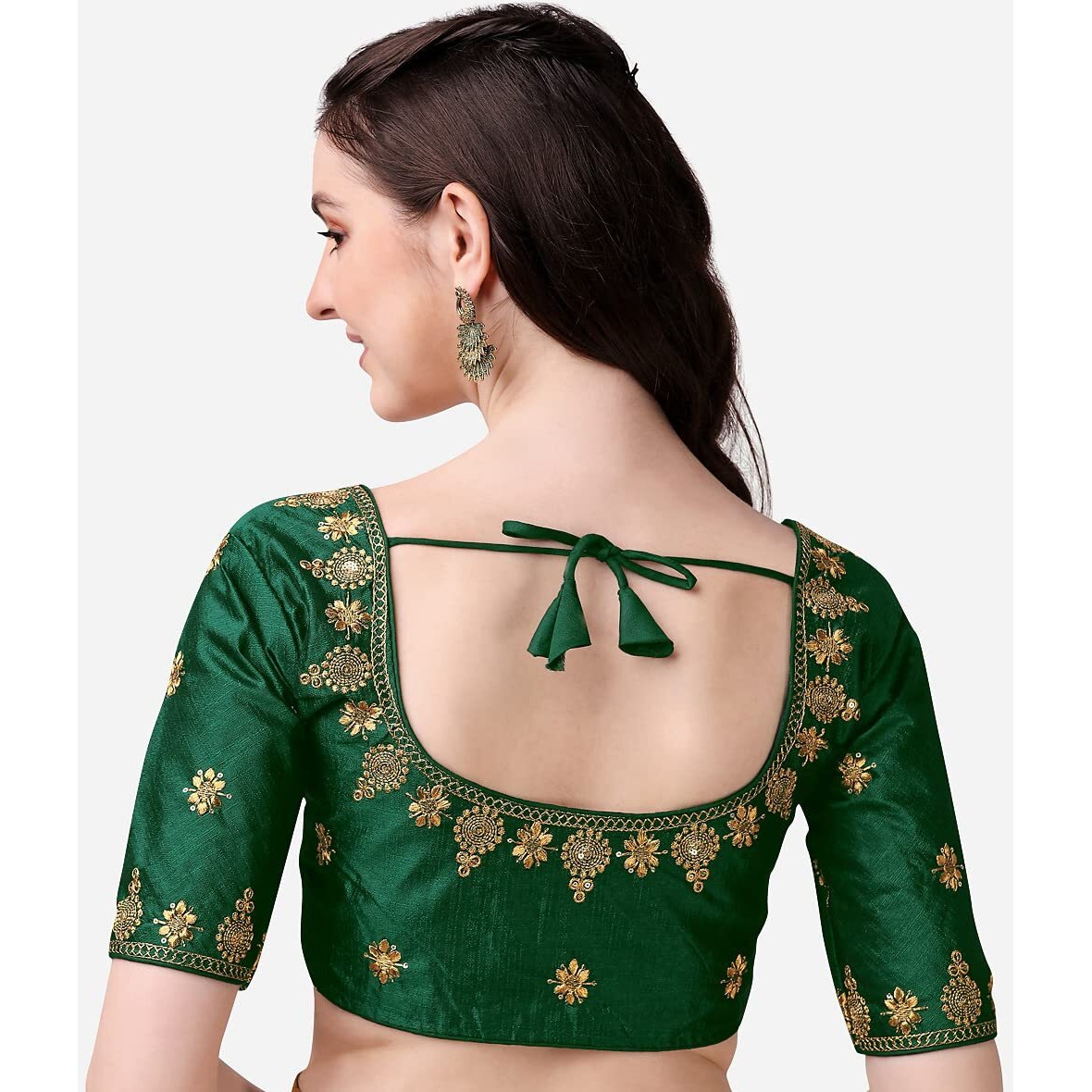 Pujia Mills Women's Silk Embroidery Coding Multi Work Readymade Saree Blouse(Reena Green_38)