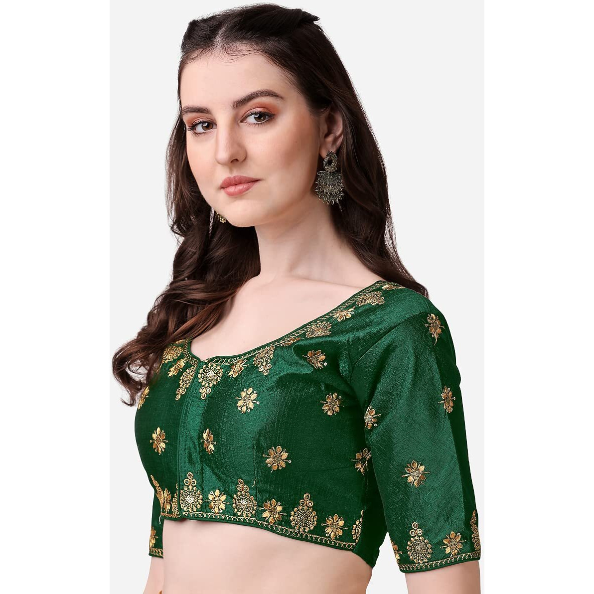 Pujia Mills Women's Silk Embroidery Coding Multi Work Readymade Saree Blouse(Reena Green_38)