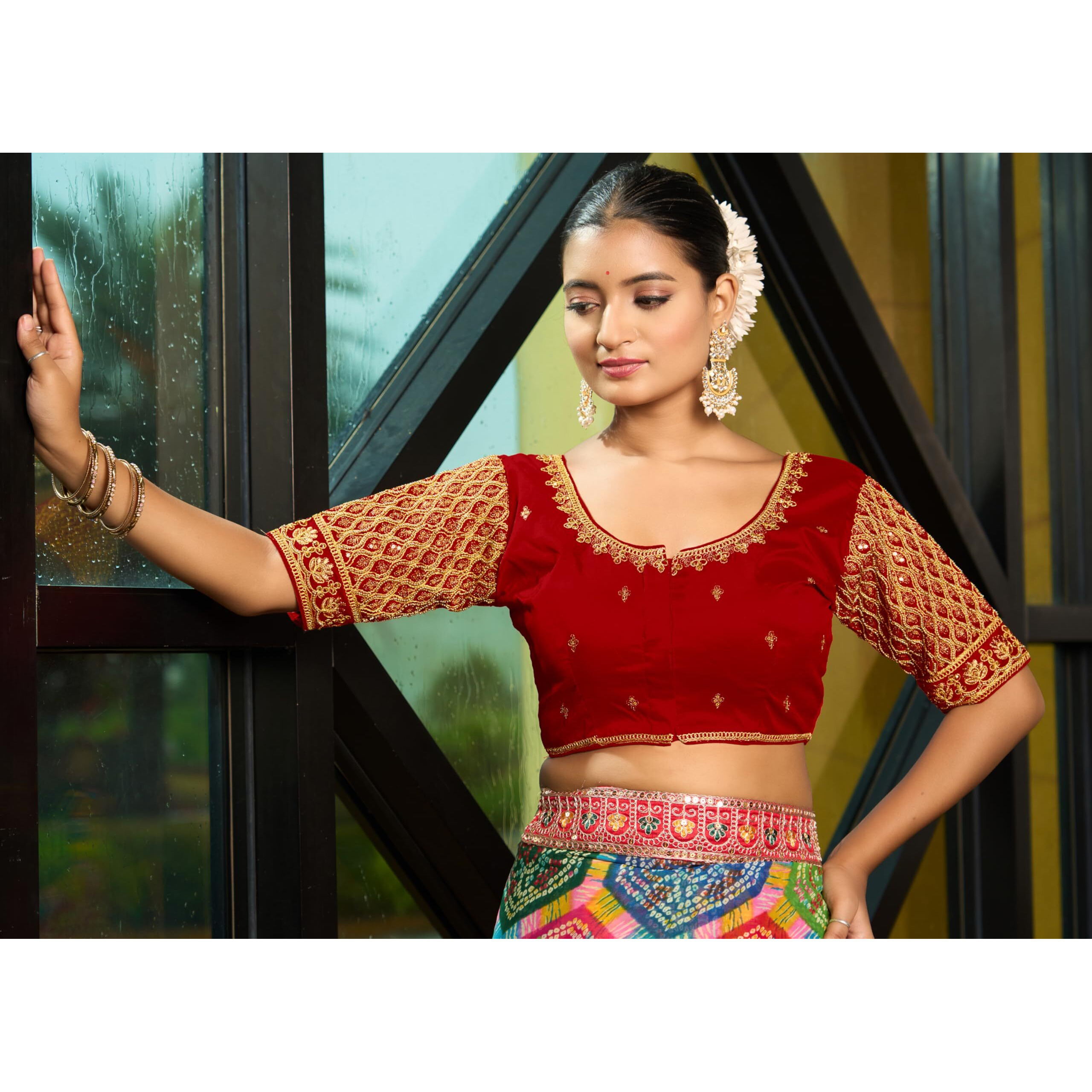 Pujia Mills Women's Indian Ethnic Wear Designer Maggam With Zari Embroidery With Sequence Work Round Neck Half Sleeve Readymade Saree Blouse Stitched Bridal Special Red Color Blouse Lehenga Choli