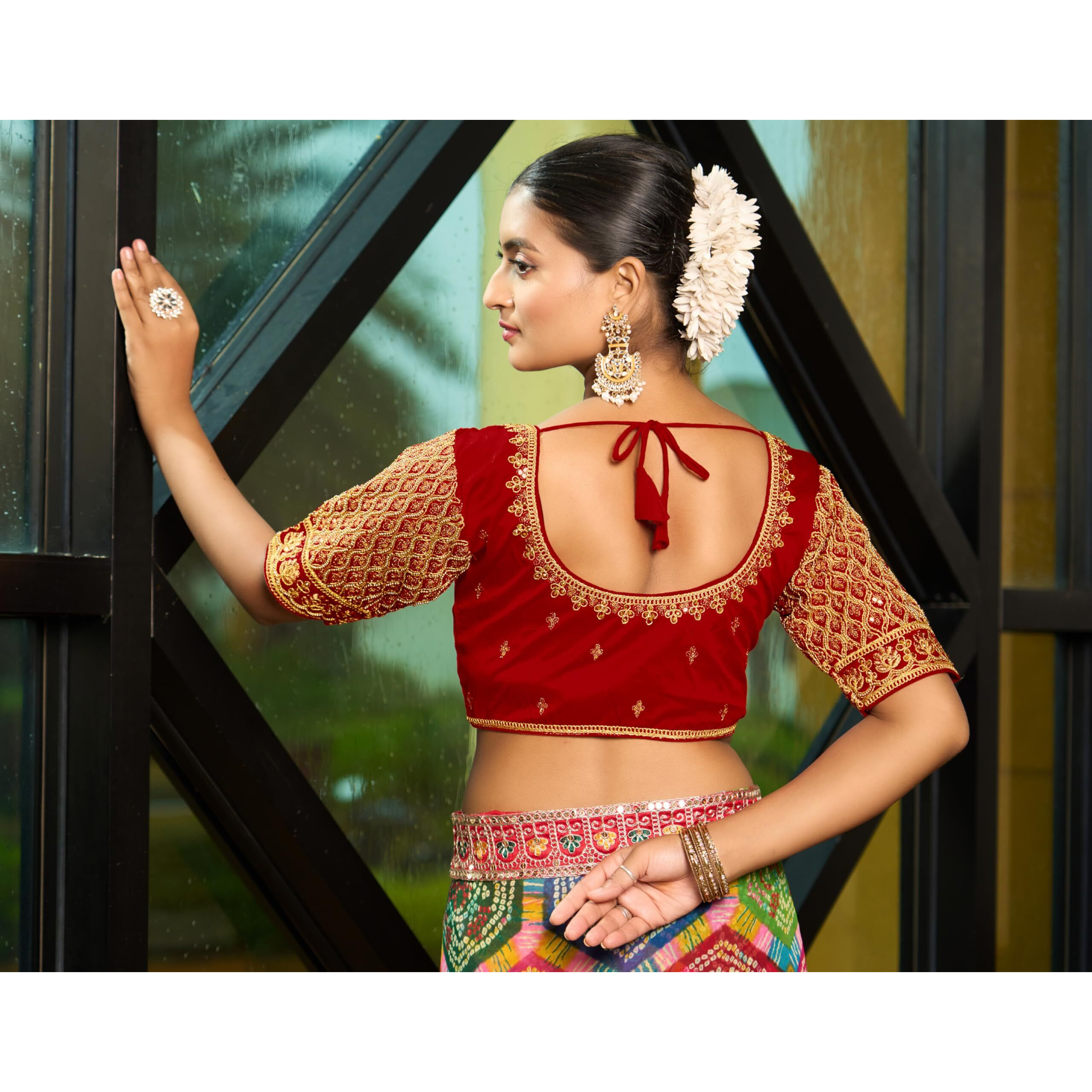 Pujia Mills Women's Indian Ethnic Wear Designer Maggam With Zari Embroidery With Sequence Work Round Neck Half Sleeve Readymade Saree Blouse Stitched Bridal Special Red Color Blouse Lehenga Choli