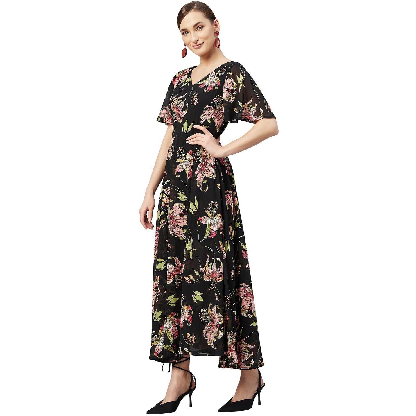 Rare Women's Georgette Fit And Flare Calf Length Dress (Ep3153_Black_Xl)