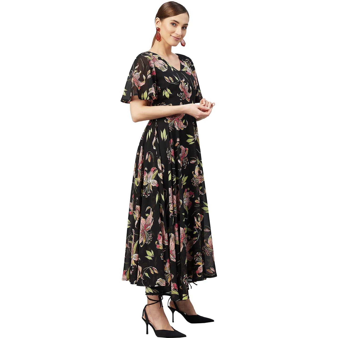 Rare Women's Georgette Fit And Flare Calf Length Dress (Ep3153_Black_Xl)