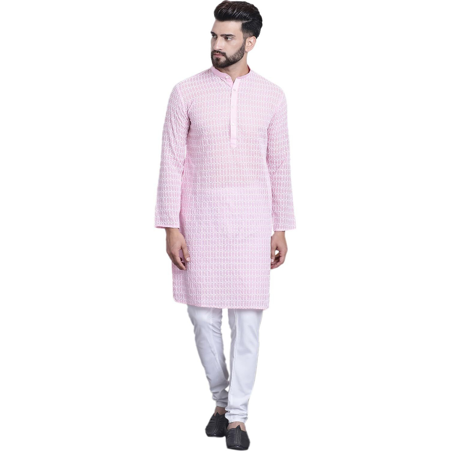 Sojanya (Since 1958 Men's Pure Cotton Pink Kurta With White Embroidery And White Pyjama Set