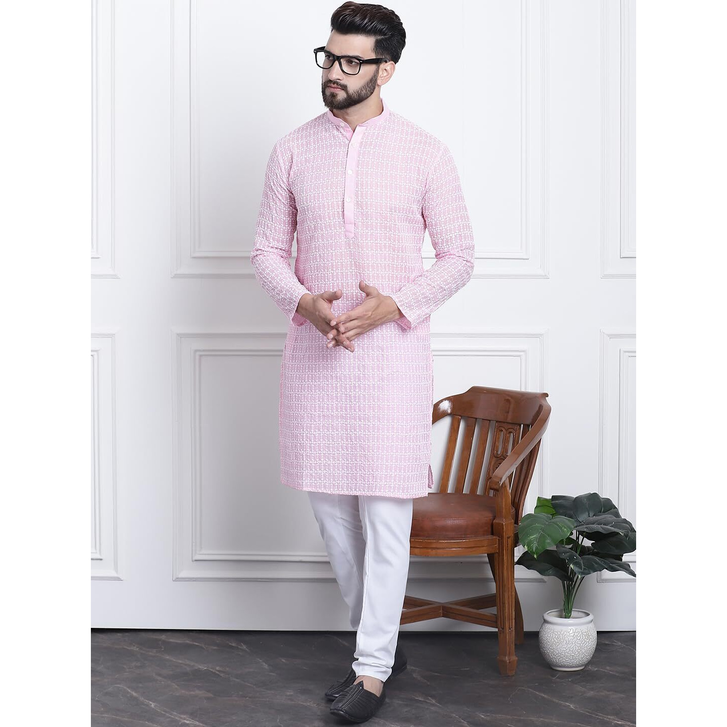Sojanya (Since 1958 Men's Pure Cotton Pink Kurta With White Embroidery And White Pyjama Set