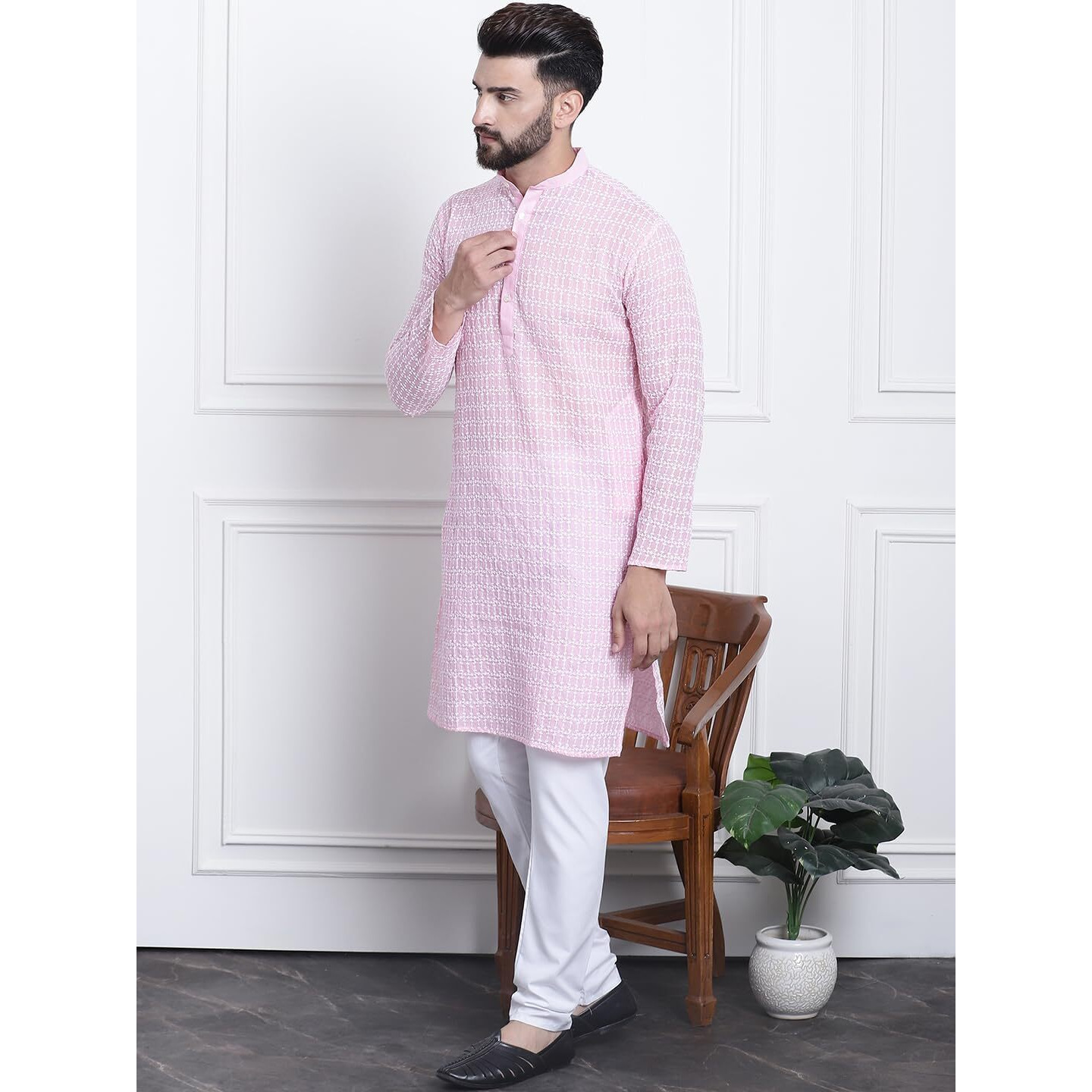 Sojanya (Since 1958 Men's Pure Cotton Pink Kurta With White Embroidery And White Pyjama Set