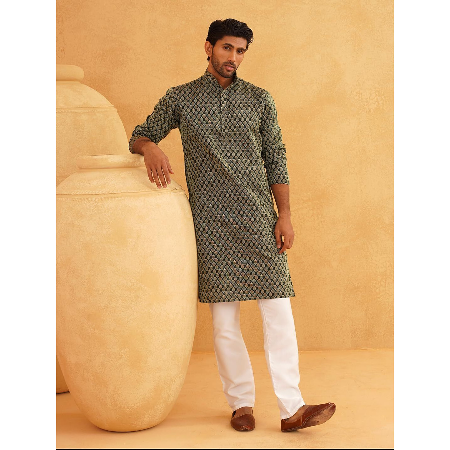 Sojanya (Since 1958 Men's Jacq Silk Dark Green Self Design Kurta & Off-White Churidar Pyjama Set