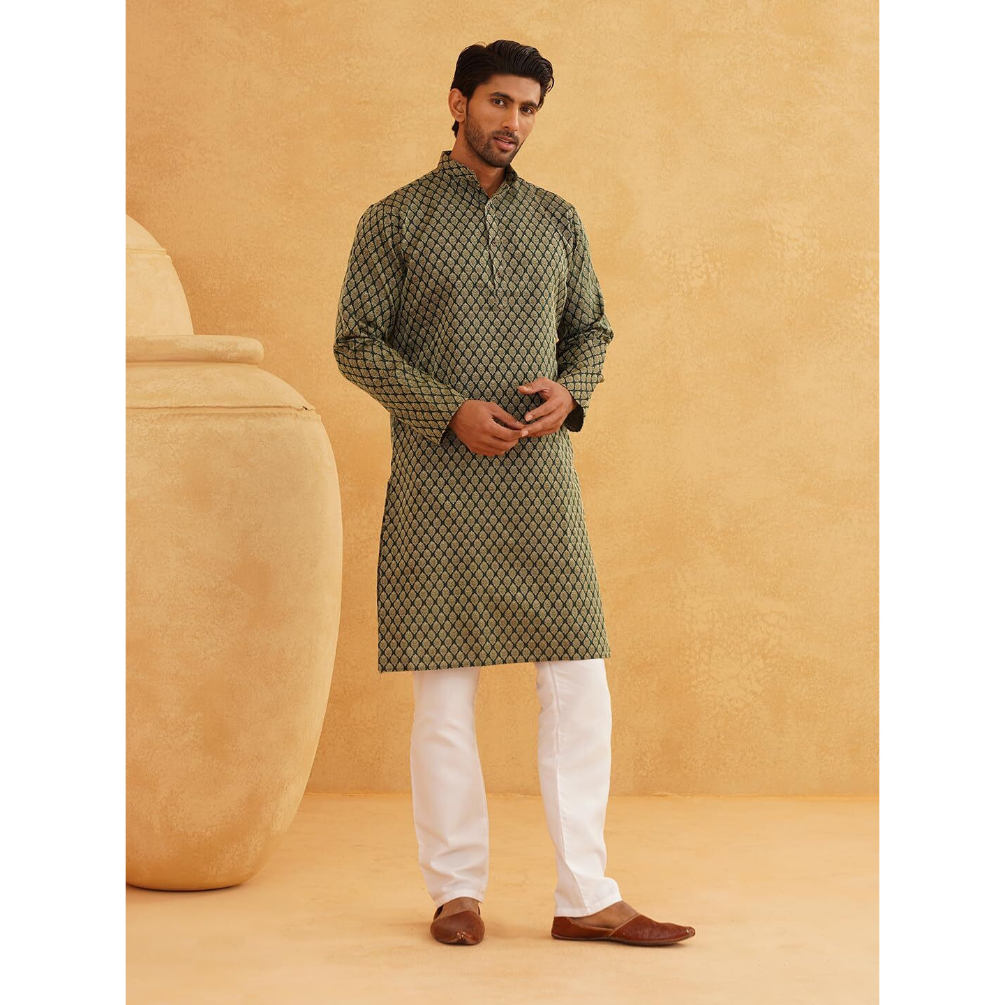 Sojanya (Since 1958 Men's Jacq Silk Dark Green Self Design Kurta & Off-White Churidar Pyjama Set