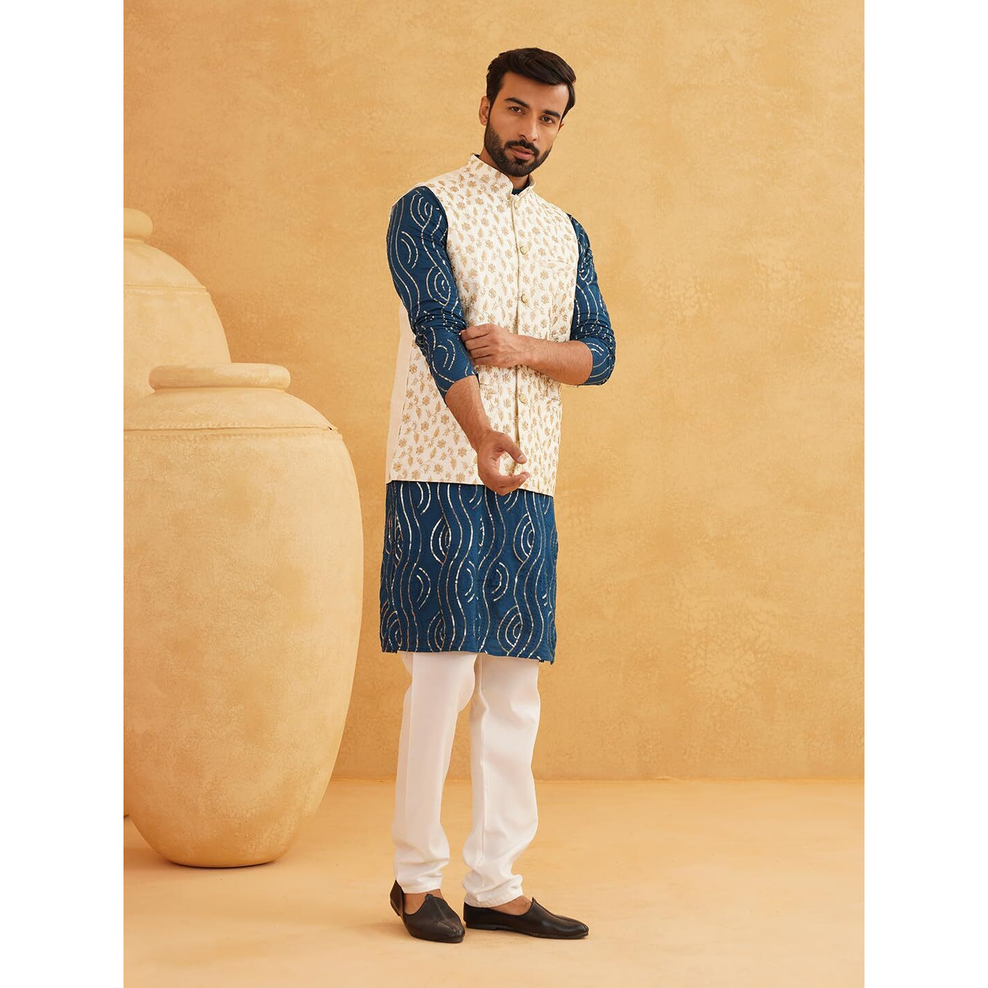 Sojanya (Since 1958 Men's Pure Cotton Teal Blue Kurta And White Pyjama With Cream Embroidery Nehru Jacket
