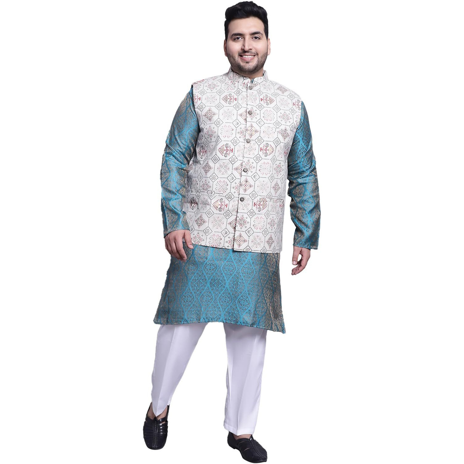 Sojanya (Since 1958 Men's Silk Blend Teal Blue Kurta & Cream Printed Nehrujacket With White Pyjama Set