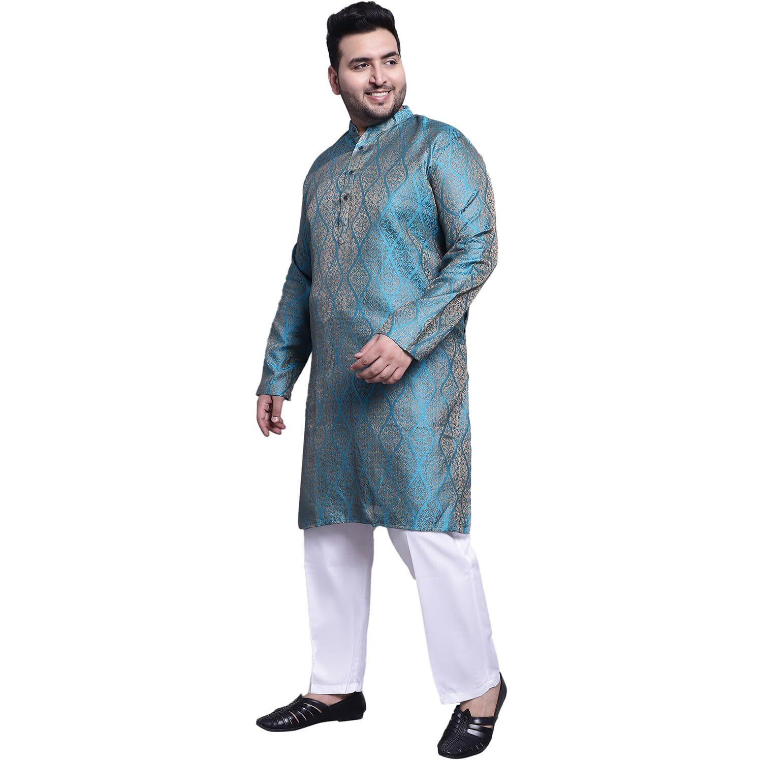 Sojanya (Since 1958 Men's Silk Blend Teal Blue Kurta & Cream Printed Nehrujacket With White Pyjama Set