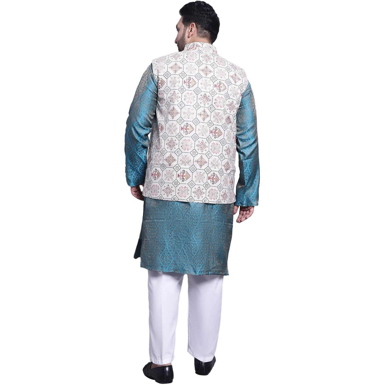 Sojanya (Since 1958 Men's Silk Blend Teal Blue Kurta & Cream Printed Nehrujacket With White Pyjama Set
