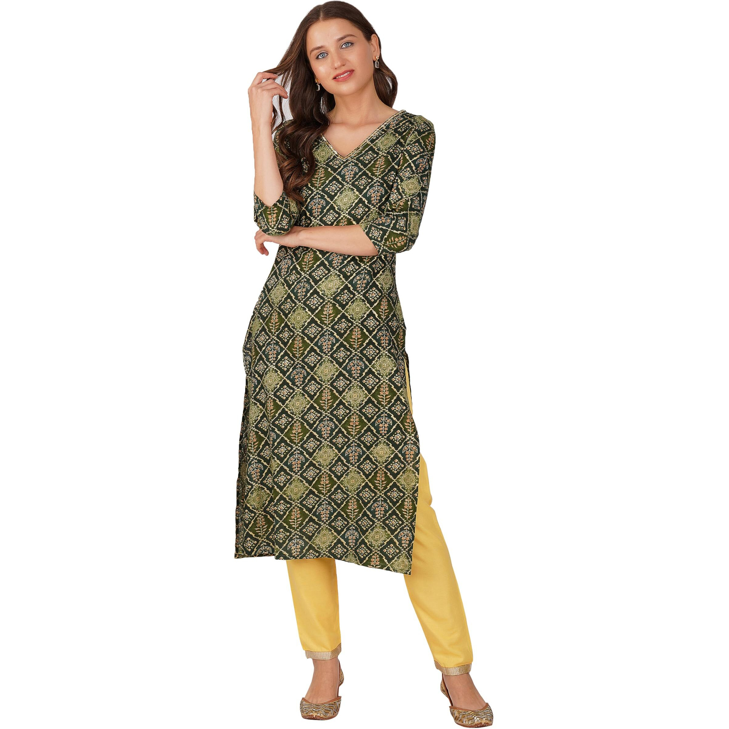Rytras Women's Foil Printed Straight Kurta(Green,Xl)