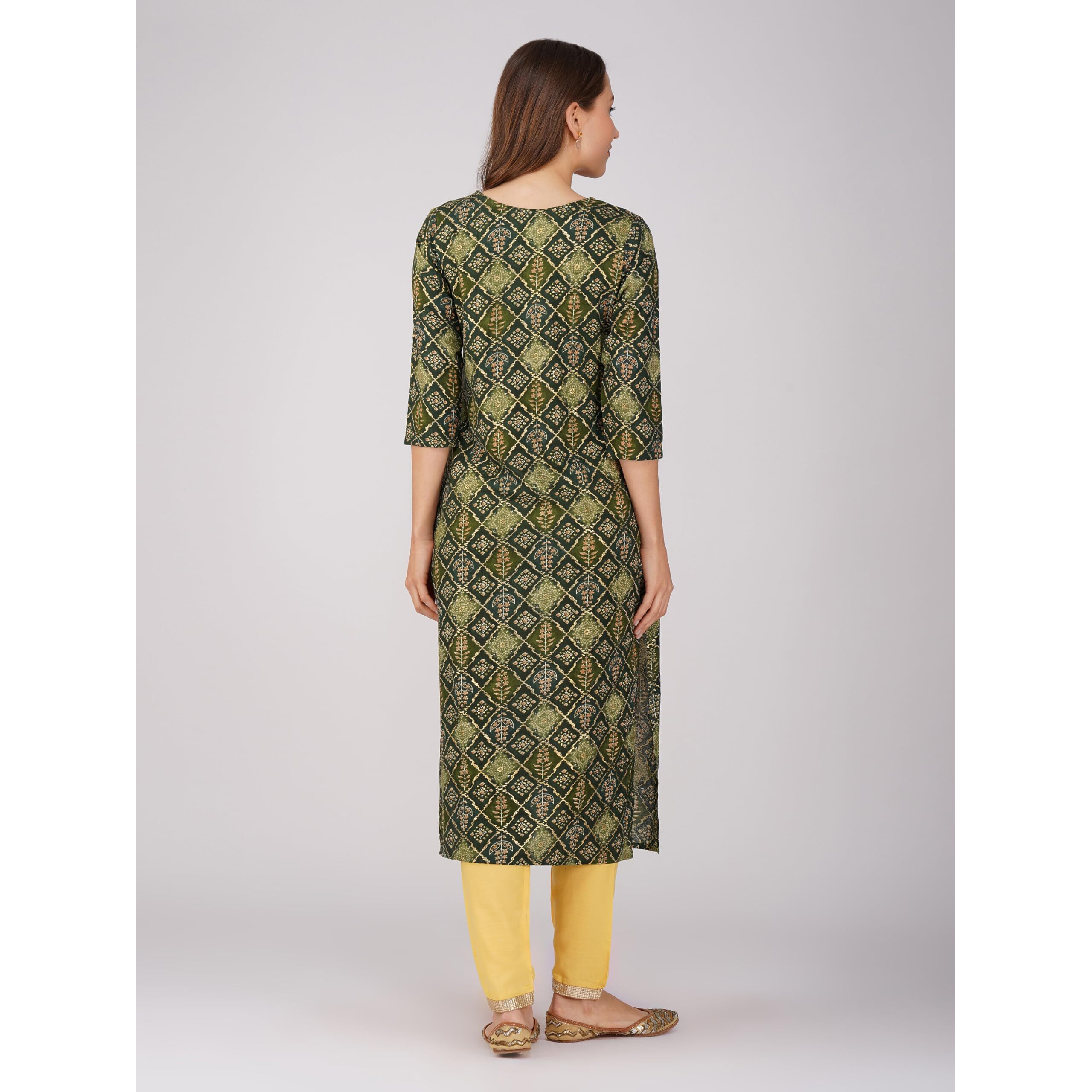 Rytras Women's Foil Printed Straight Kurta(Green,Xl)