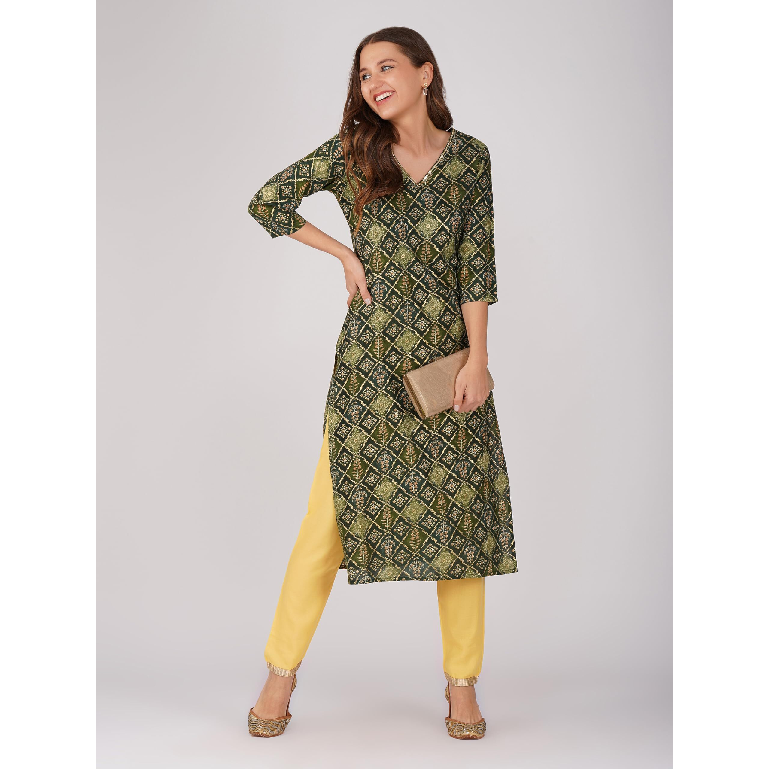 Rytras Women's Foil Printed Straight Kurta(Green,Xl)