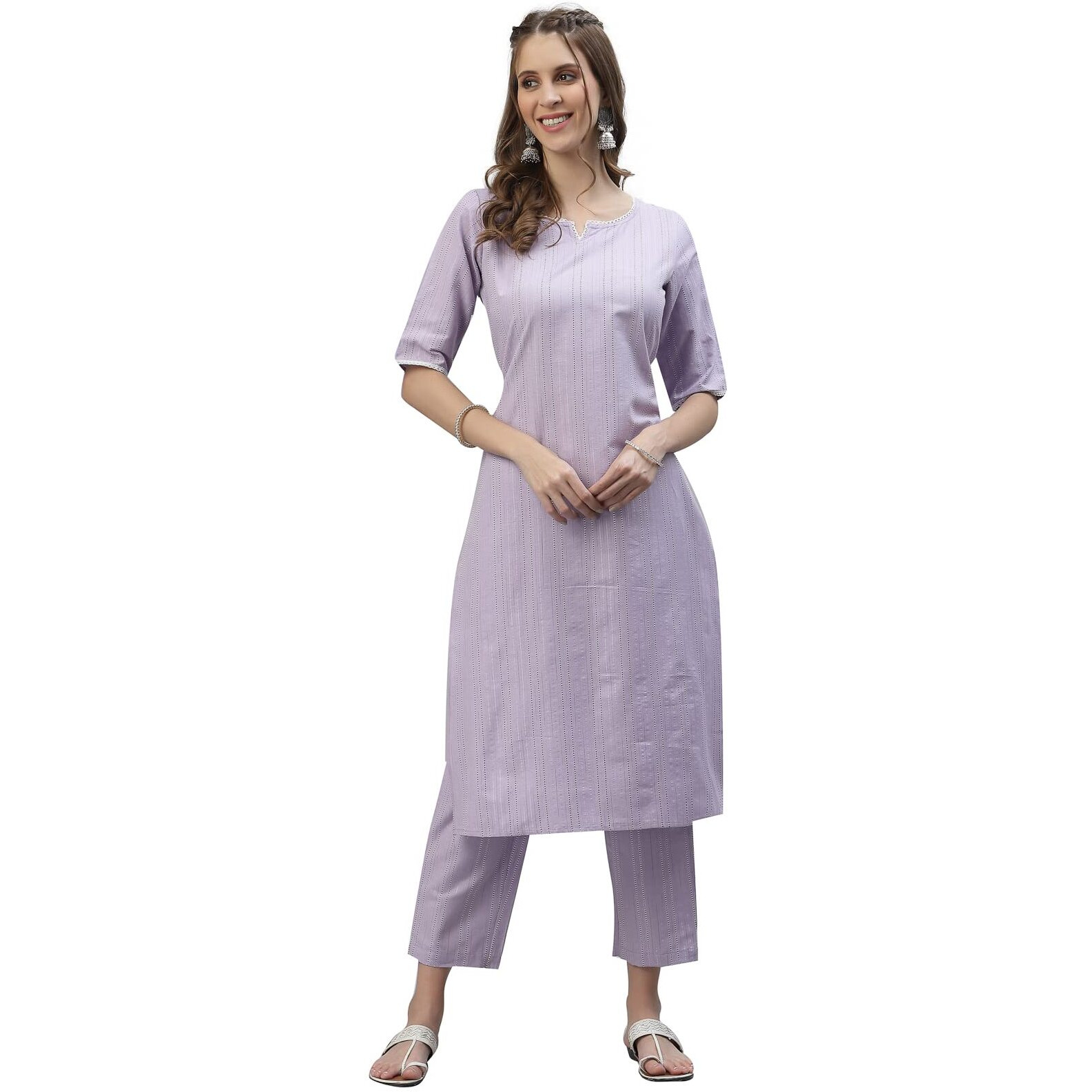 Stylum Women's Self Woven Striped Cotton Blend Straight Kurta Pant Set (Mauve) (In, Alpha, 4Xl, Plus, Mauve)