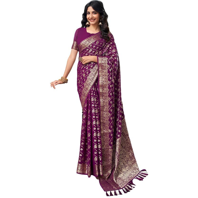 Satrani Women's Georgette Jacquard & Tassels Saree With Unstitched Blouse Piece (3495S110N_Dark Purple2)