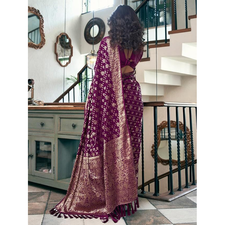 Satrani Women's Georgette Jacquard & Tassels Saree With Unstitched Blouse Piece (3495S110N_Dark Purple2)