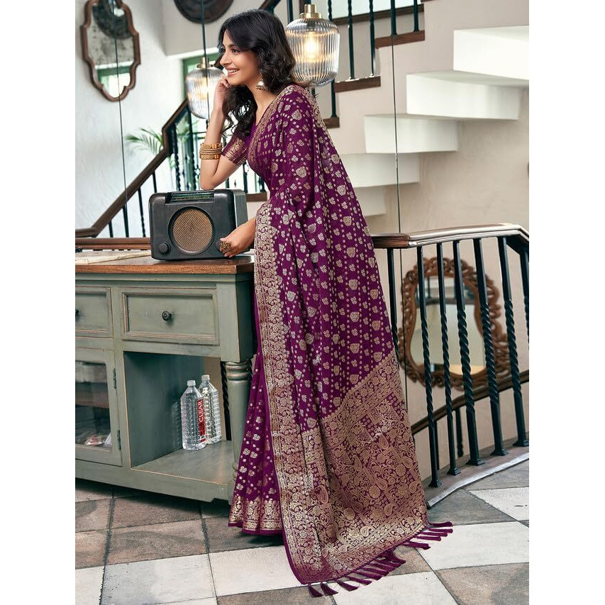 Satrani Women's Georgette Jacquard & Tassels Saree With Unstitched Blouse Piece (3495S110N_Dark Purple2)