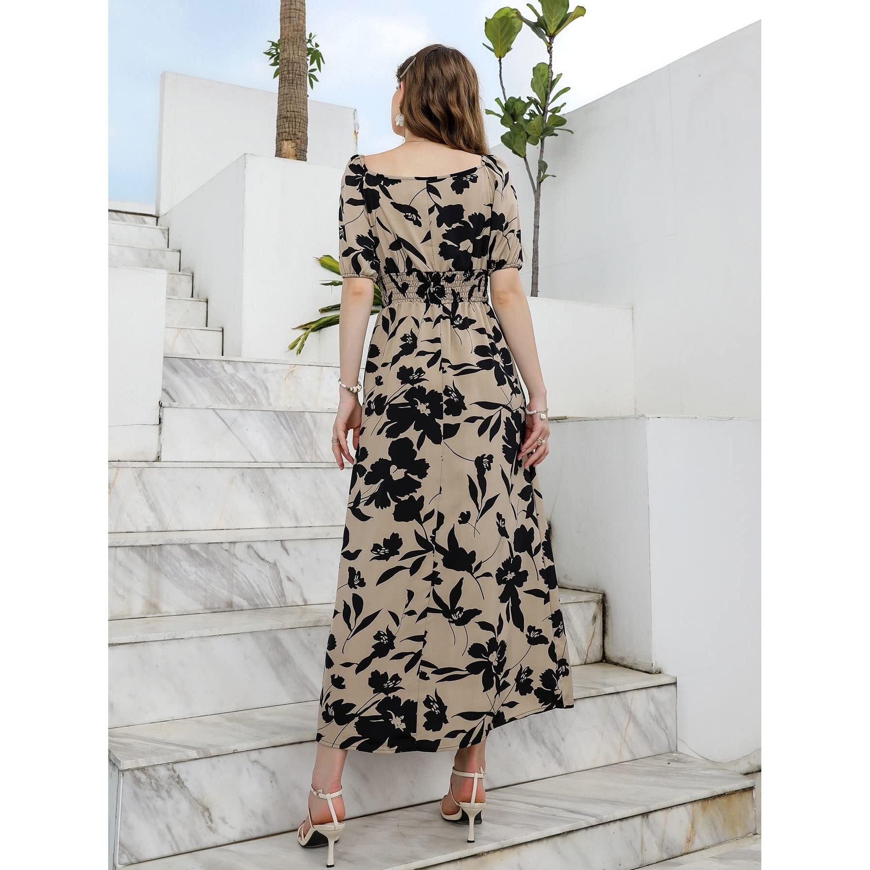 Sugathari Creap Beige & Black Boat Neck Maxi Western Dresses For Women (Dress2 86 Chikku M)