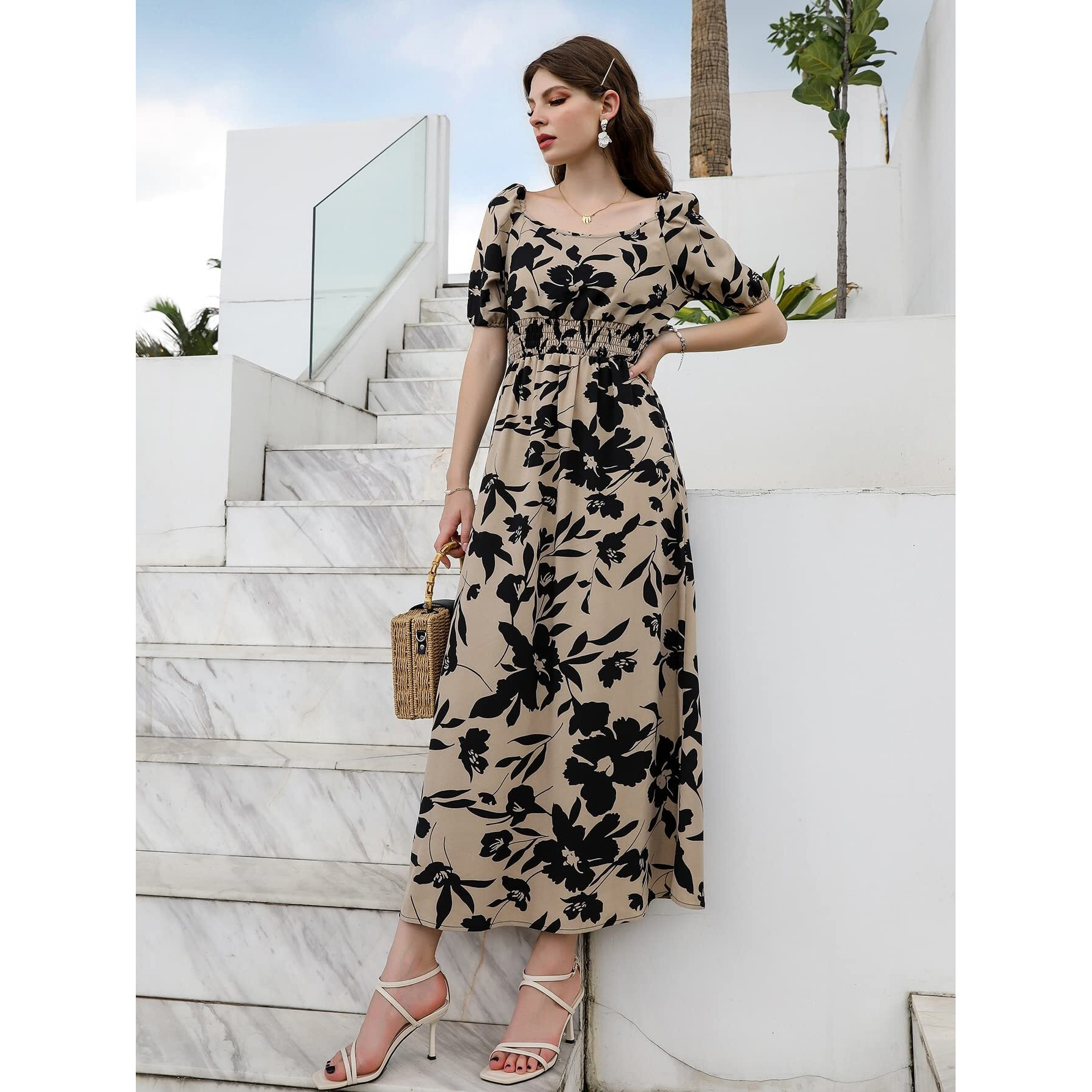 Sugathari Creap Beige & Black Boat Neck Maxi Western Dresses For Women (Dress2 86 Chikku M)
