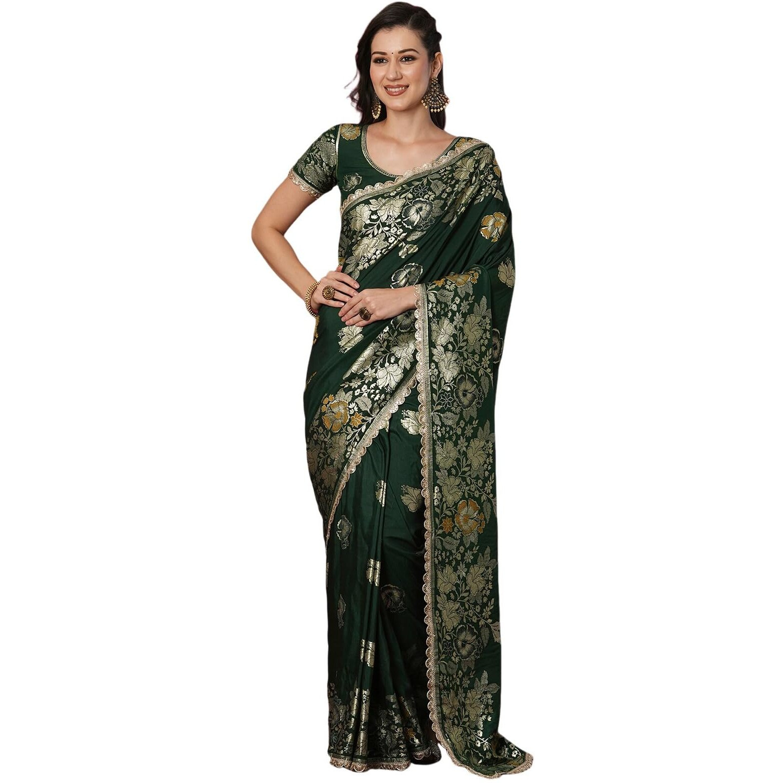 Satrani Women's Cotton Silk Banarasi Jacquard Saree With Unstitched Blouse Piece (4067S6419N_Dark Green)