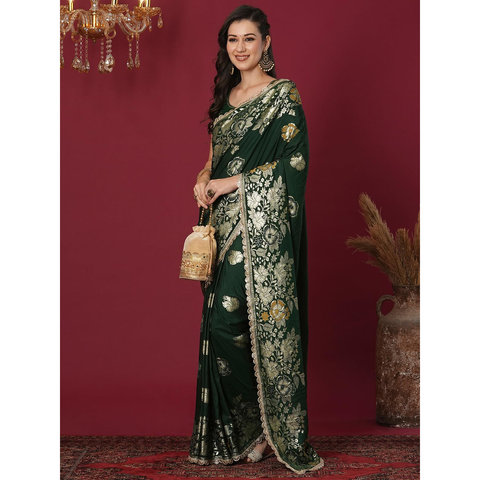Satrani Women's Cotton Silk Banarasi Jacquard Saree With Unstitched Blouse Piece (4067S6419N_Dark Green)