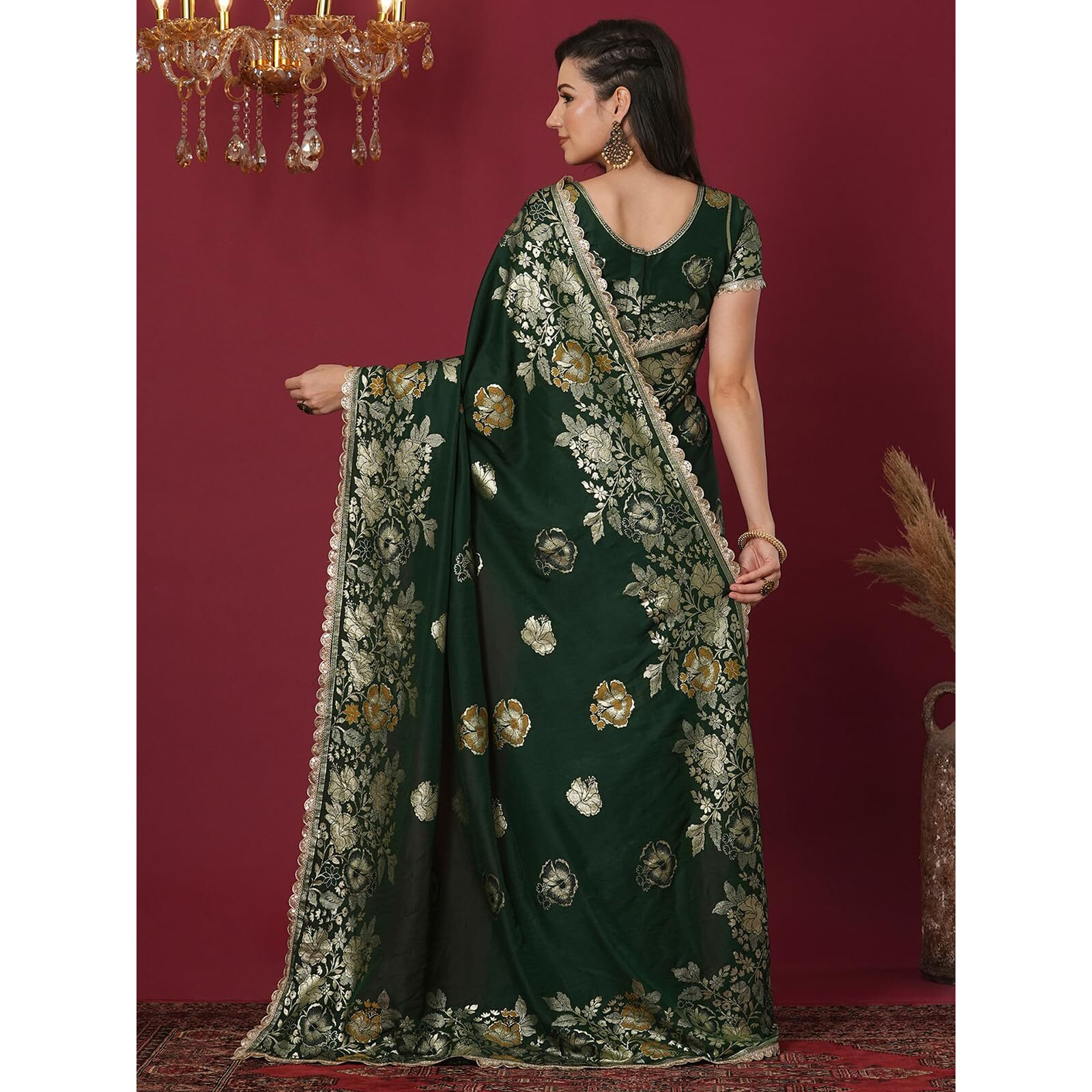 Satrani Women's Cotton Silk Banarasi Jacquard Saree With Unstitched Blouse Piece (4067S6419N_Dark Green)