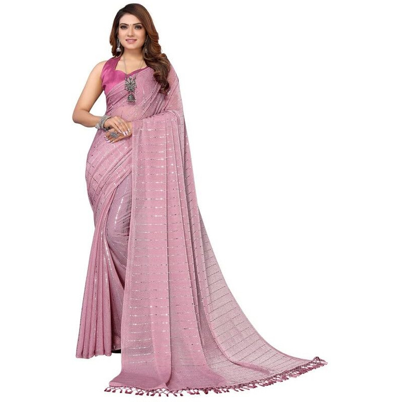 Satrani Women's Lycra Shimmer Tassel & Paper Foil Saree With Unstitched Blouse Piece(2660S331N_Pink)