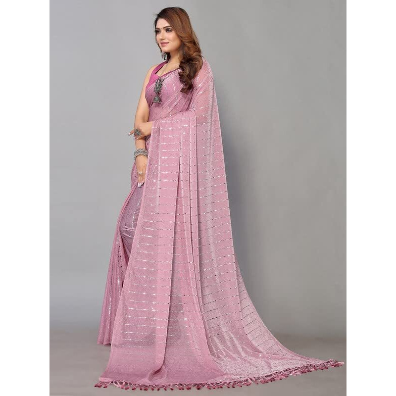 Satrani Women's Lycra Shimmer Tassel & Paper Foil Saree With Unstitched Blouse Piece(2660S331N_Pink)