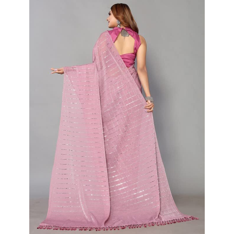 Satrani Women's Lycra Shimmer Tassel & Paper Foil Saree With Unstitched Blouse Piece(2660S331N_Pink)