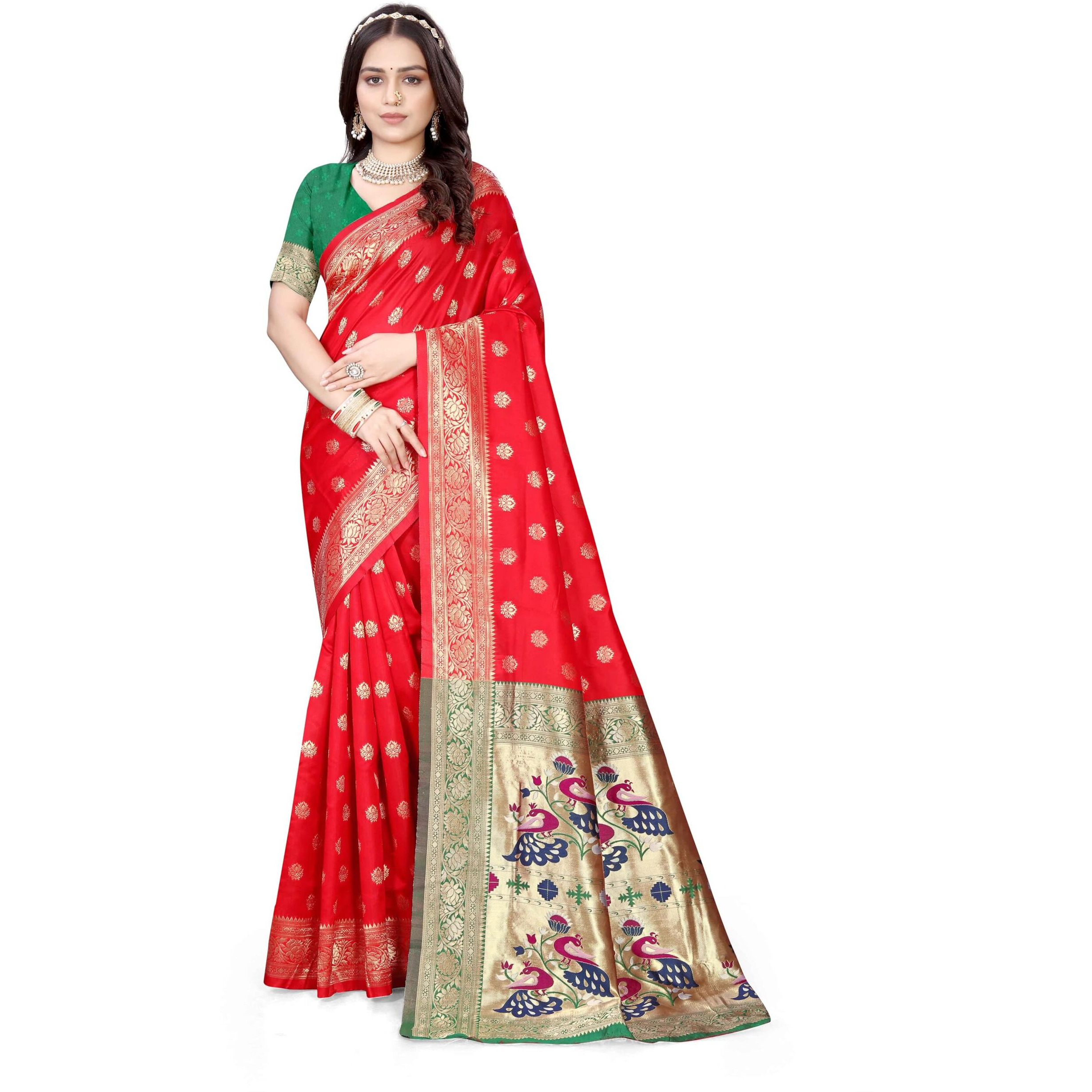 Sugathari Women's Banarasi Saree Pure Paithani Kanjivaram Silk Soft New Ladies 2024 Design Wear Pattu Sarees Latest Cotton Party Sari Collections With Blouse Piece For Wedding Sadi (Pari-205 Red)