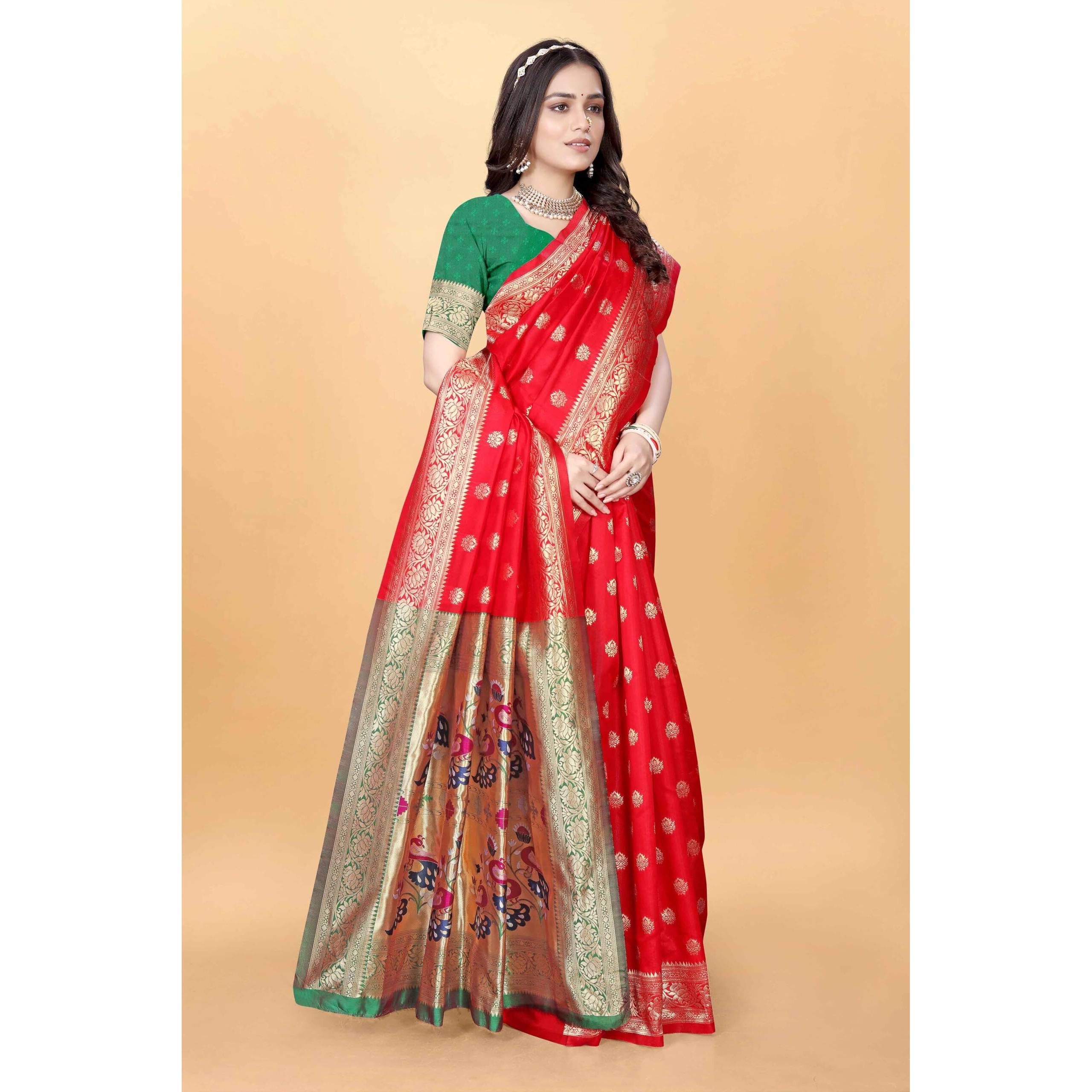 Sugathari Women's Banarasi Saree Pure Paithani Kanjivaram Silk Soft New Ladies 2024 Design Wear Pattu Sarees Latest Cotton Party Sari Collections With Blouse Piece For Wedding Sadi (Pari-205 Red)
