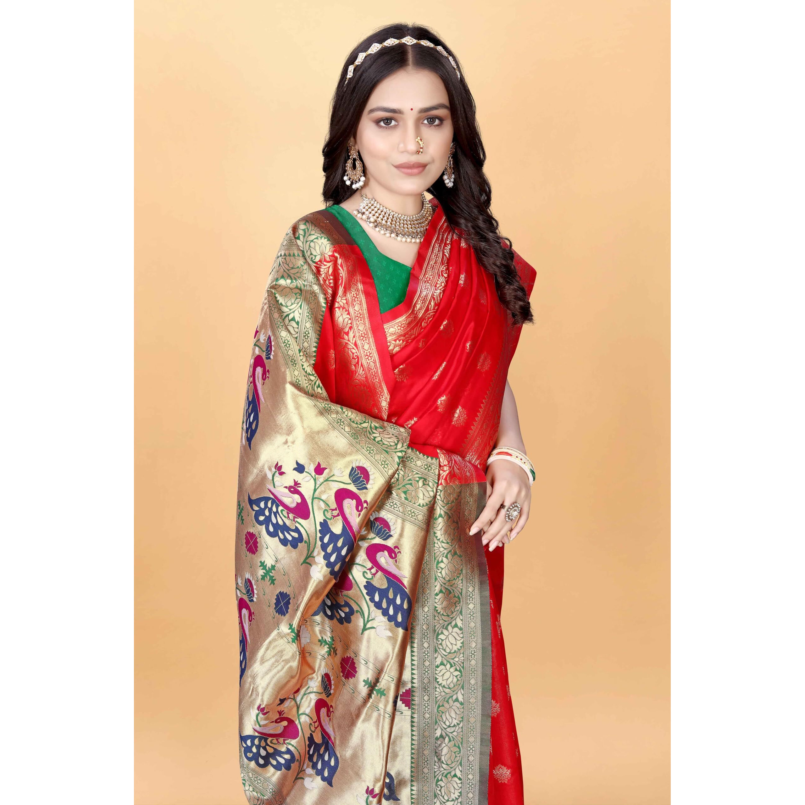 Sugathari Women's Banarasi Saree Pure Paithani Kanjivaram Silk Soft New Ladies 2024 Design Wear Pattu Sarees Latest Cotton Party Sari Collections With Blouse Piece For Wedding Sadi (Pari-205 Red)