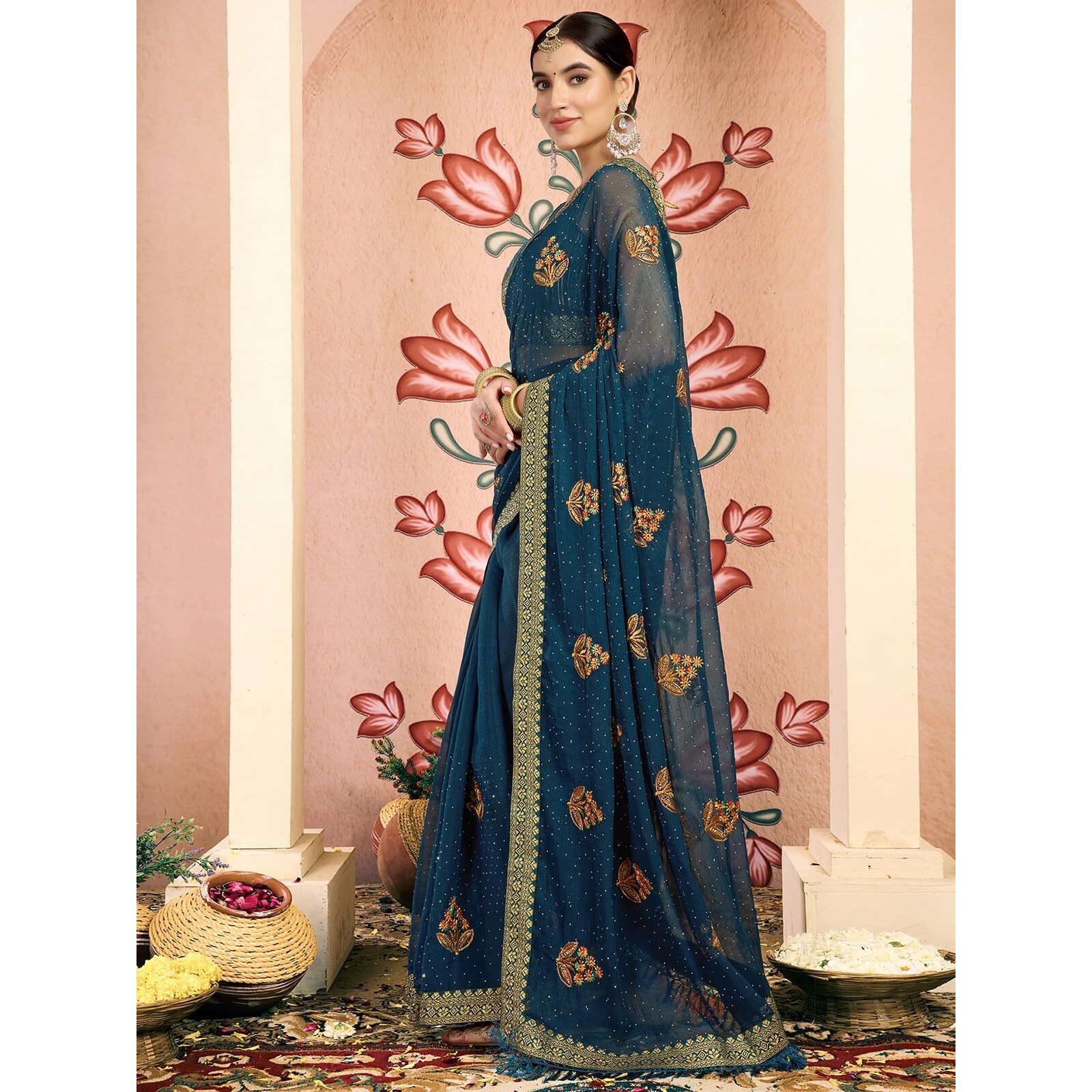 Satrani Women's Georgette Embroidery & Stone Work Saree With Unstitched Blouse Piece (4065S2833N_Rama Blue)