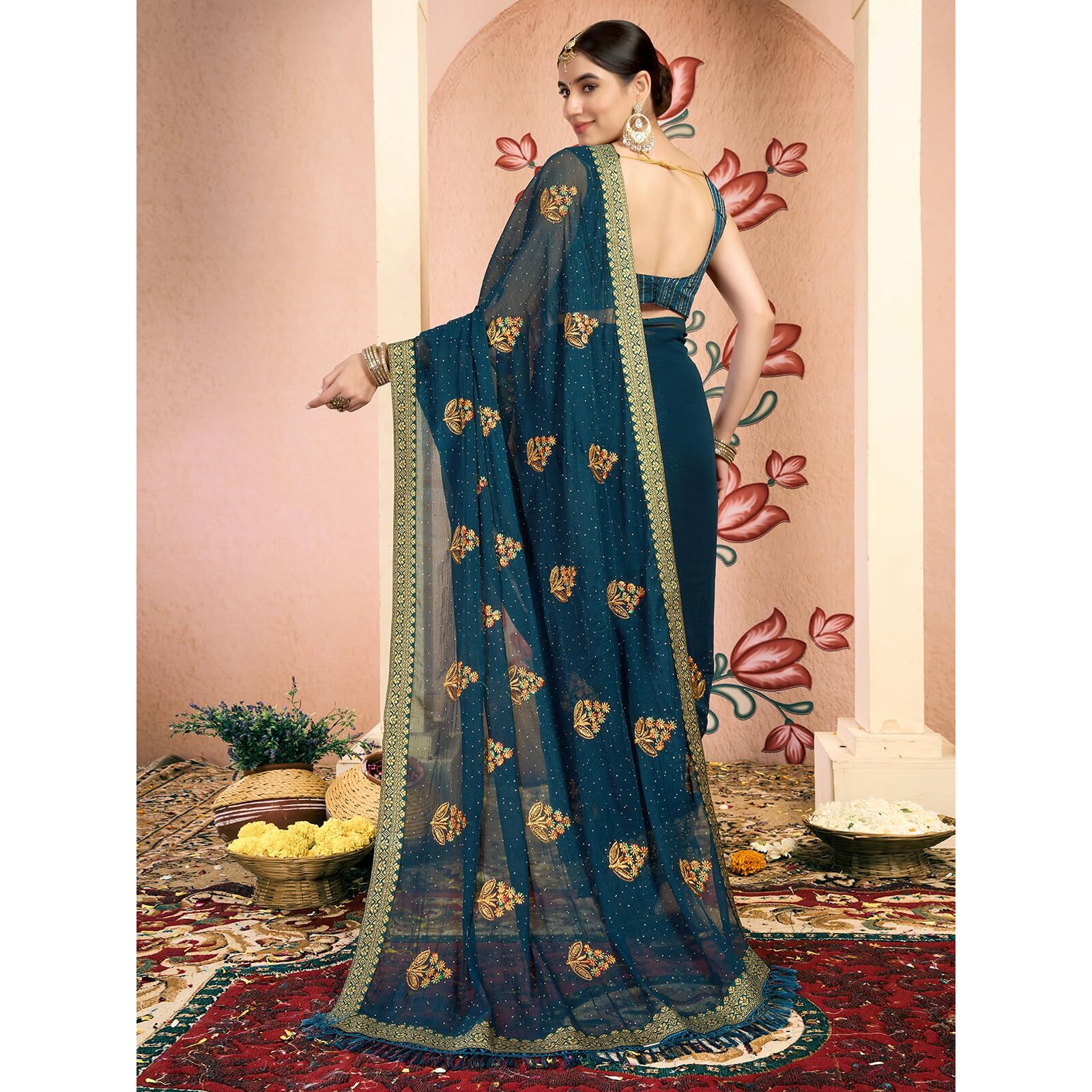 Satrani Women's Georgette Embroidery & Stone Work Saree With Unstitched Blouse Piece (4065S2833N_Rama Blue)