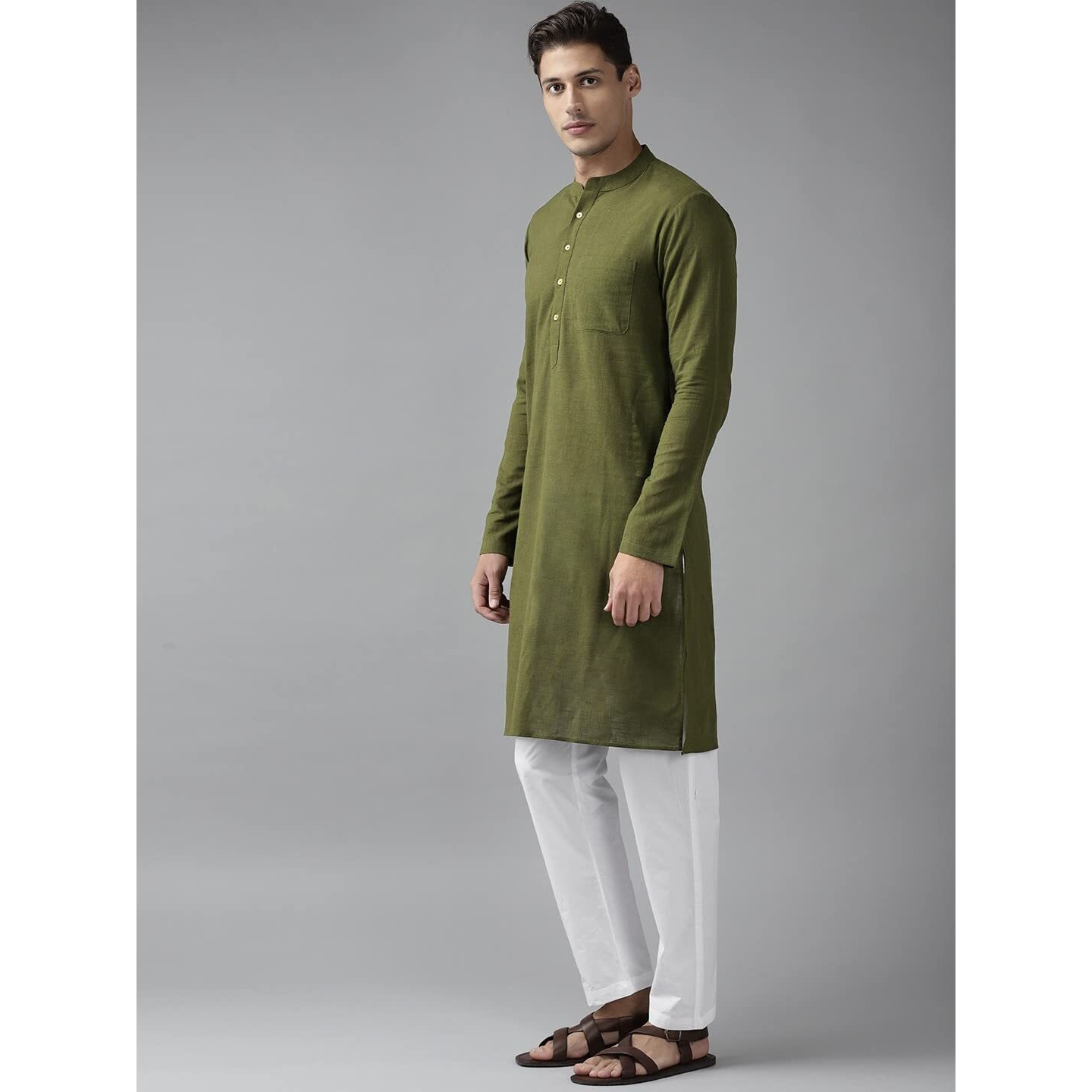 See Designs Men's Cotton Solid Regular Kurta (Sdkt1025M_Olive Green_M), Regular Fit