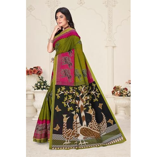 Tamaira Fashion Women's Elephant Printed Pure Cotton Mulmul Saree Without Blouse Piece(11611_Mehendi&Magenta)