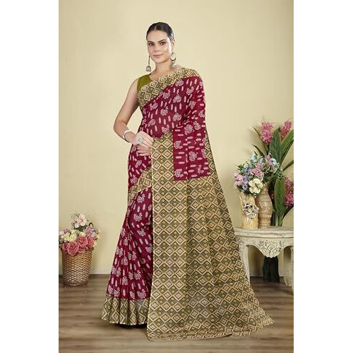 Tamaira Fashion Women's Printed Pure Cotton Mulmul Saree Without Blouse Piece(Ab49_Red)