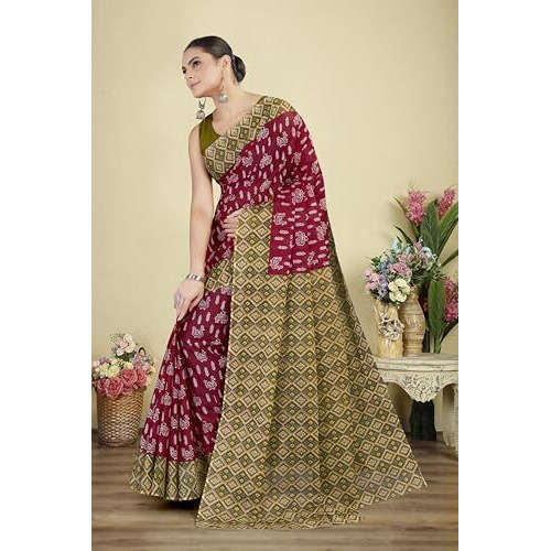 Tamaira Fashion Women's Printed Pure Cotton Mulmul Saree Without Blouse Piece(Ab49_Red)