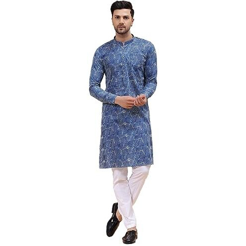 See Designs Men Mandarin Collar Blue Pure Cotton Printed Staright Full Sleeve Kurta With Pajama - Sd2Kt_123201L