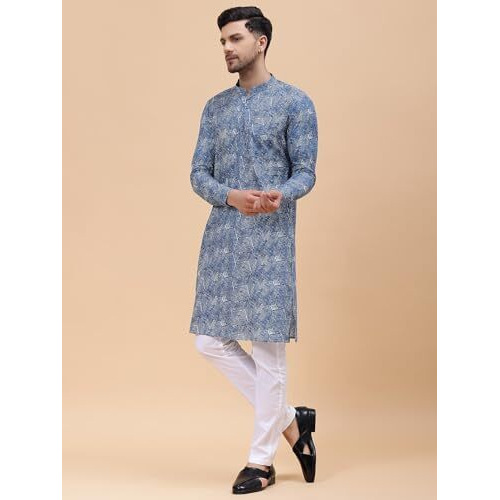 See Designs Men Mandarin Collar Blue Pure Cotton Printed Staright Full Sleeve Kurta With Pajama - Sd2Kt_123201L
