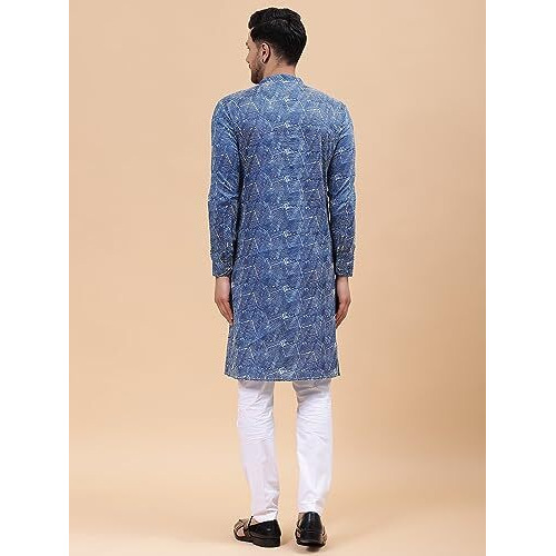 See Designs Men Mandarin Collar Blue Pure Cotton Printed Staright Full Sleeve Kurta With Pajama - Sd2Kt_123201L