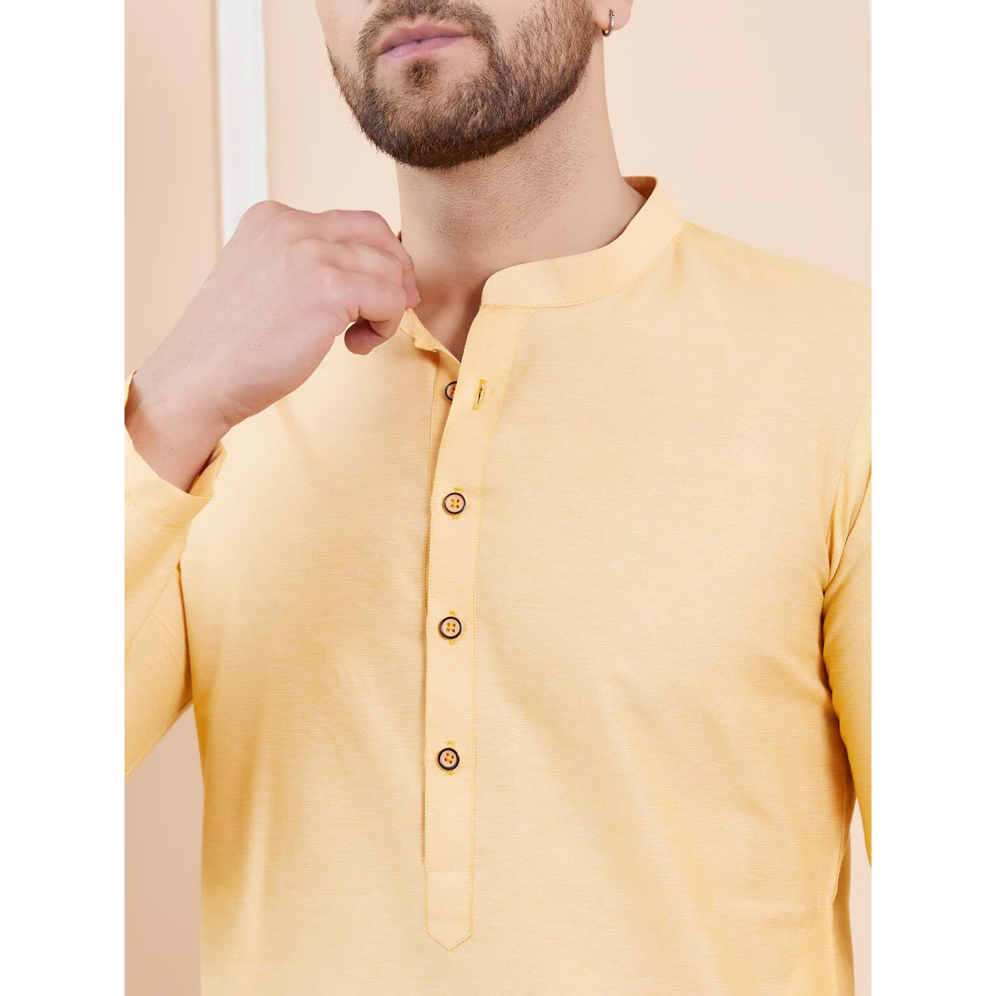 See Designs Men Full Sleeve Side Slit Beige Cotton Solid Straight Mandarin Collar Kurta - Sdkt2414S