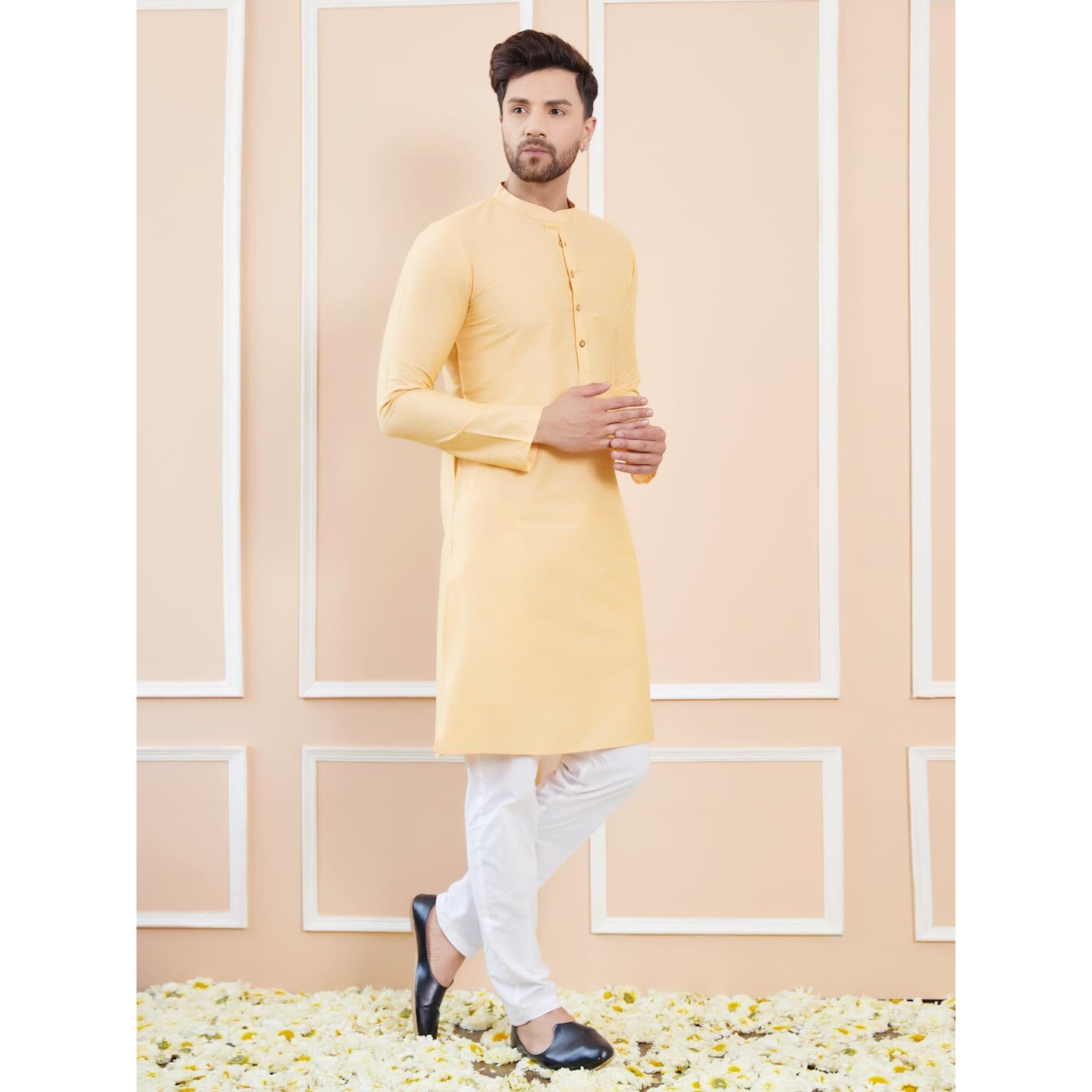 See Designs Men Full Sleeve Side Slit Beige Cotton Solid Straight Mandarin Collar Kurta - Sdkt2414S