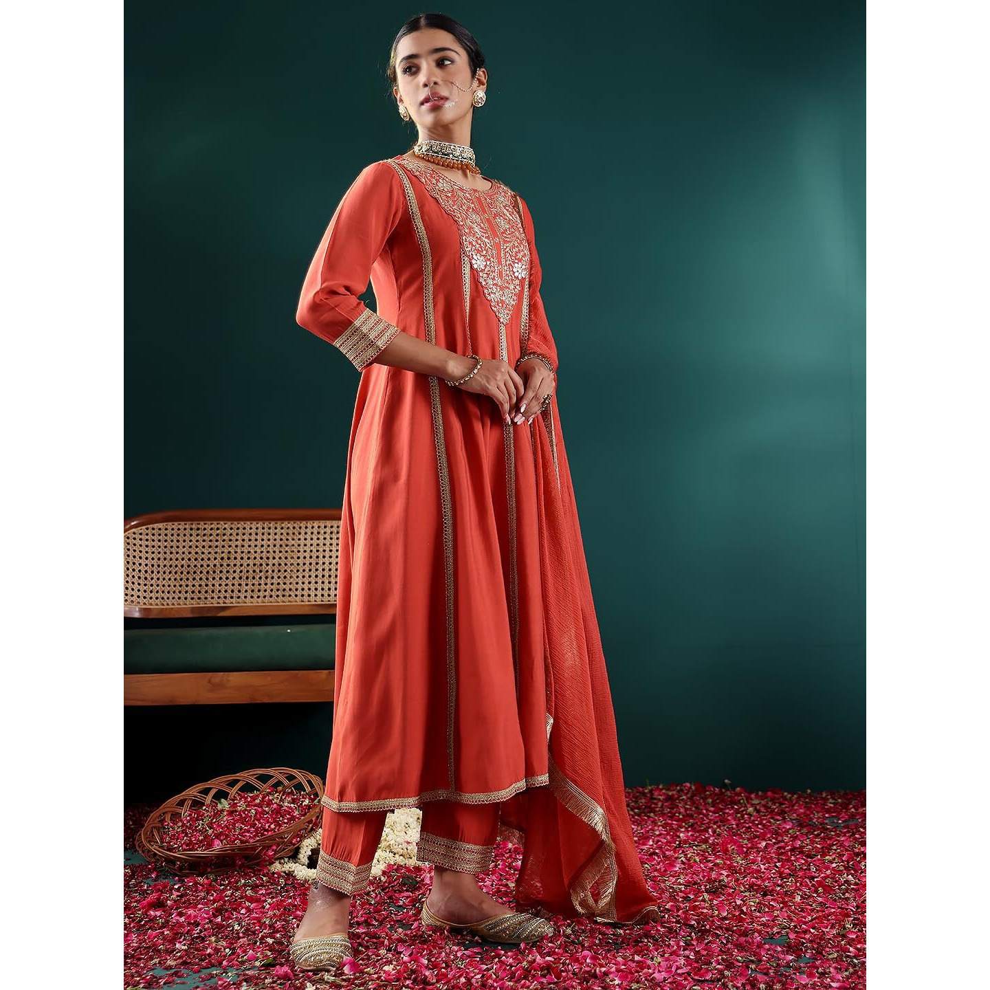 Varanga Women Rust Zari & Sequins Embroidered Anarkali Kurta With Bottom & Dupatta  Elegant Ethnic Wear