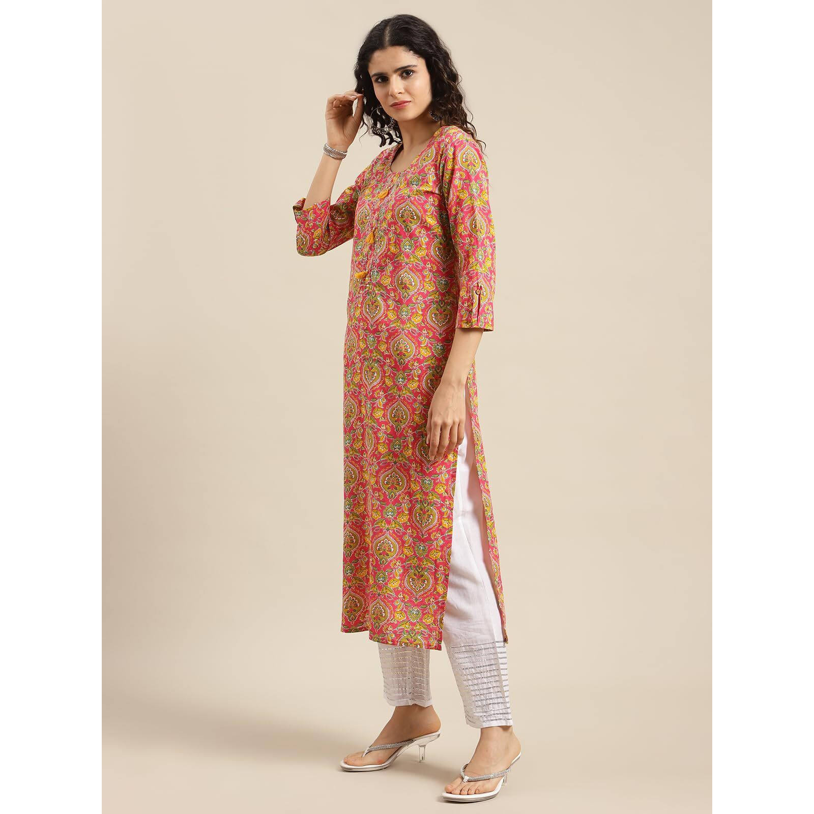 Varanga Women Pink And Yellow Floral Printed Straight Kurta With Round Neck, Three-Quarter Sleeves, Straight Hemline, And Side Slits