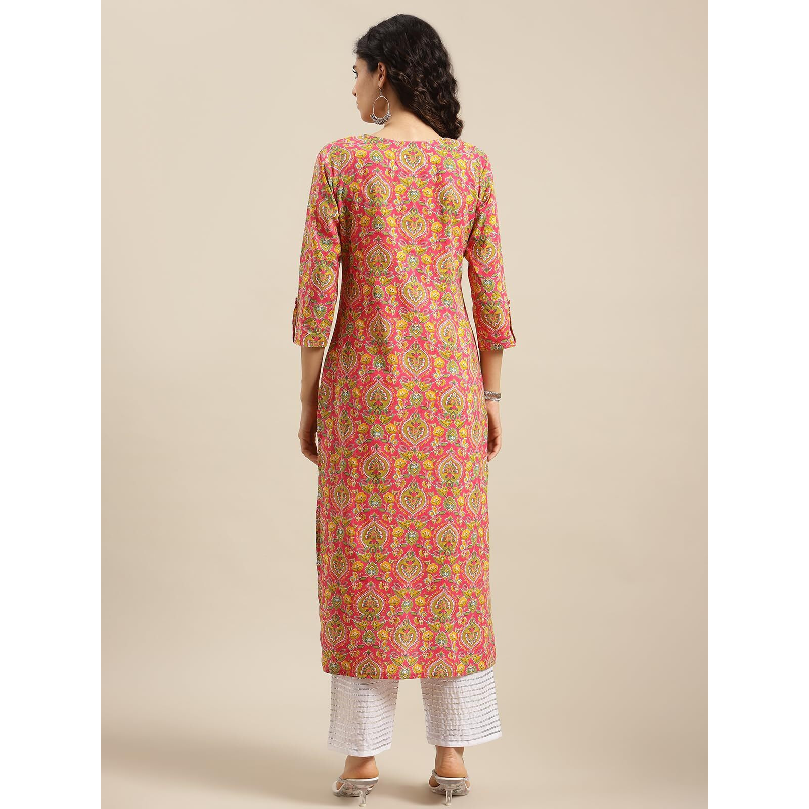 Varanga Women Pink And Yellow Floral Printed Straight Kurta With Round Neck, Three-Quarter Sleeves, Straight Hemline, And Side Slits