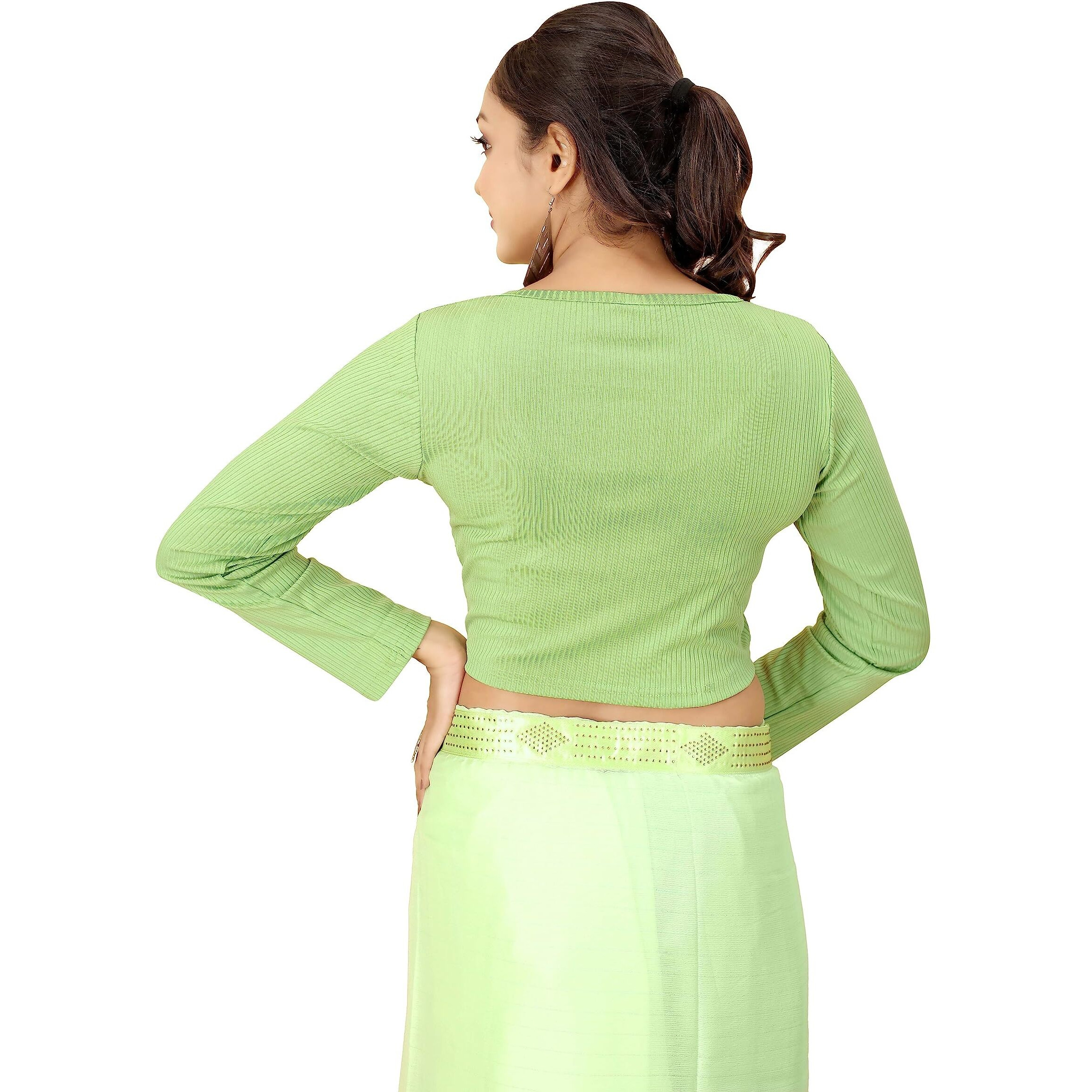 Shasmi Women's & Girls' Solid Ribbed V Neck Collarless Full Sleeve Slim Fit Simplicity Blouse For Women (Blouse 54 Pista Green M)