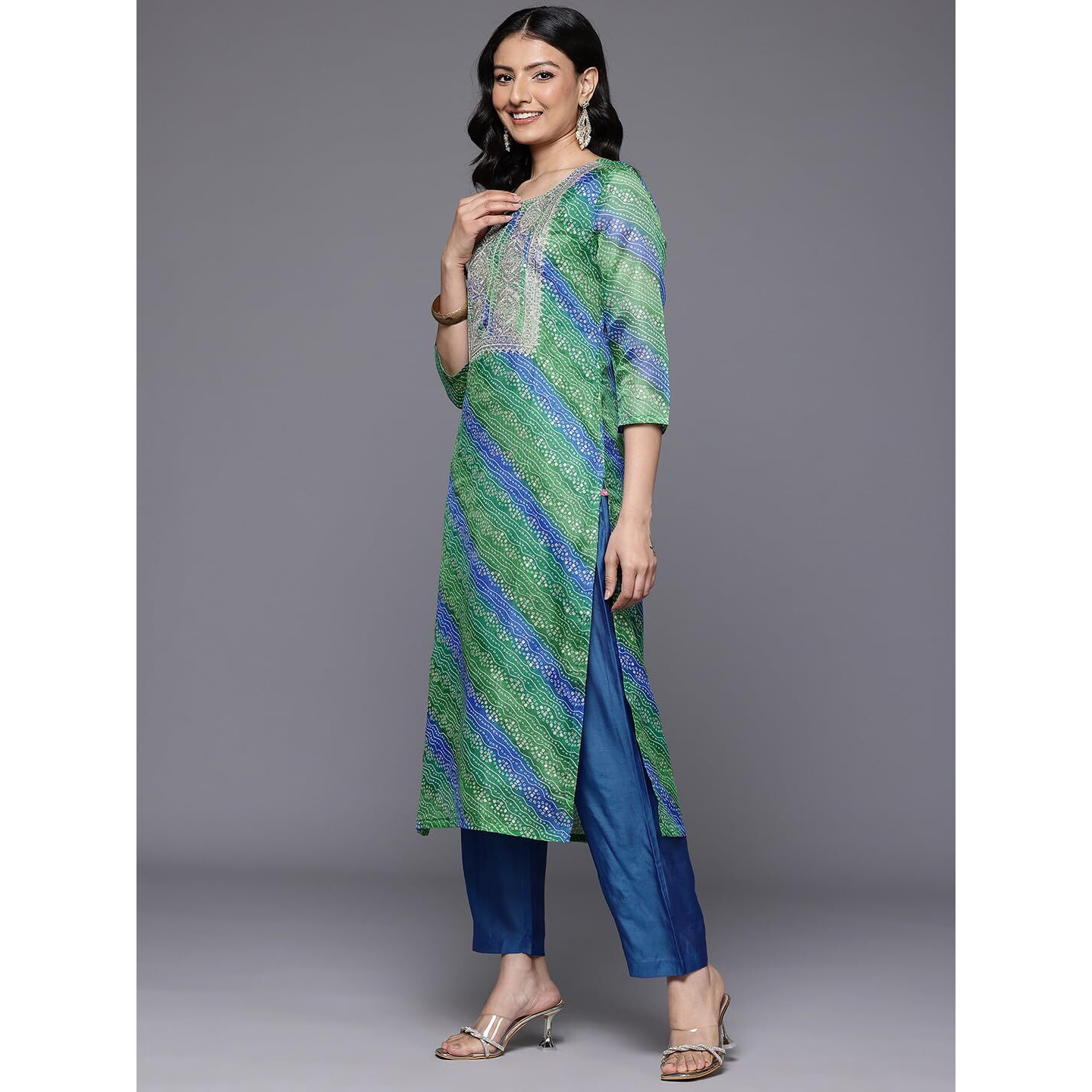 Varanga Women Blue Bandhani Printed Zari Embroidered Kurta Paired With Bottom And Dupatta