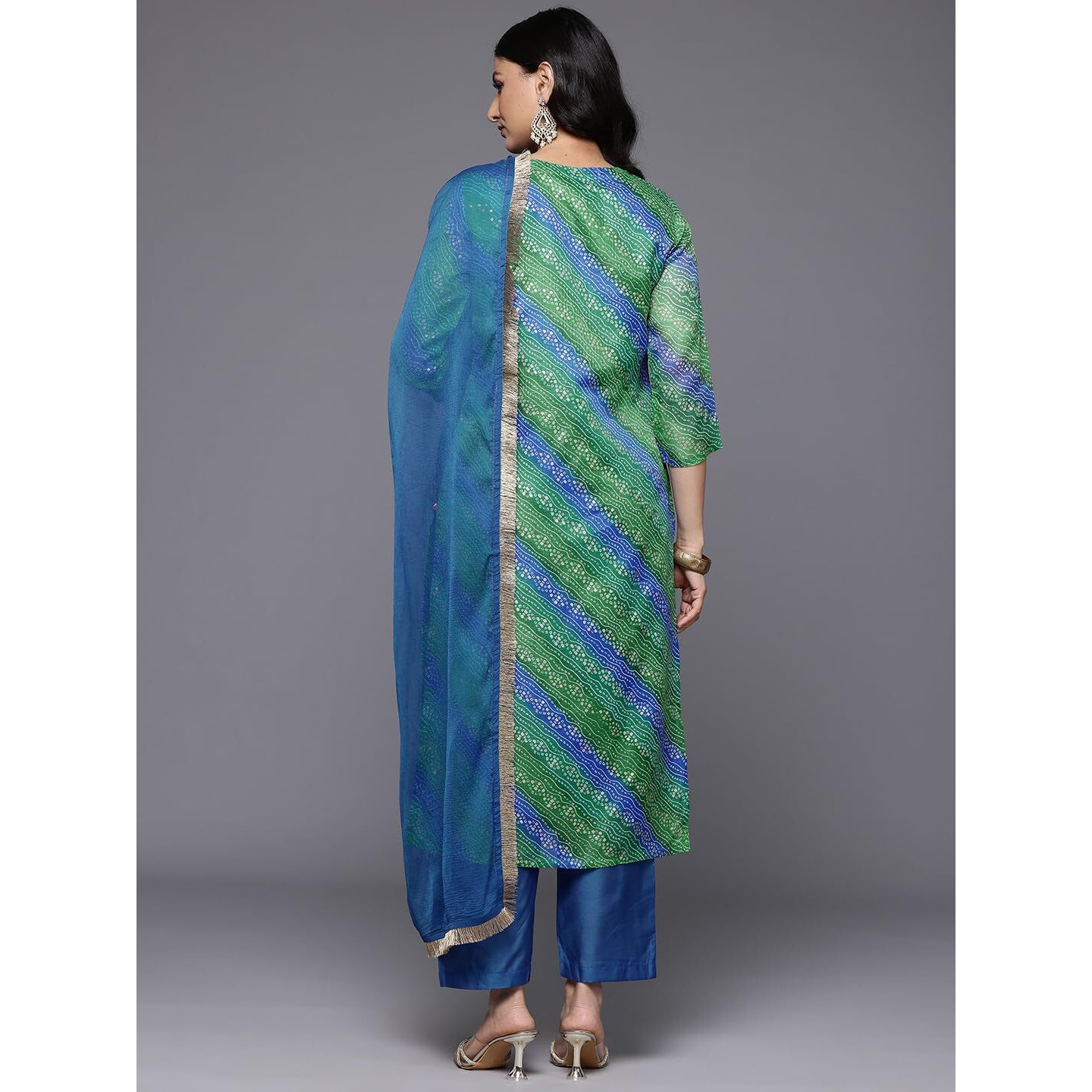 Varanga Women Blue Bandhani Printed Zari Embroidered Kurta Paired With Bottom And Dupatta